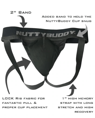 NuttyBuddy Black Jock Adult with 2-inch support band for secure fit and protection.