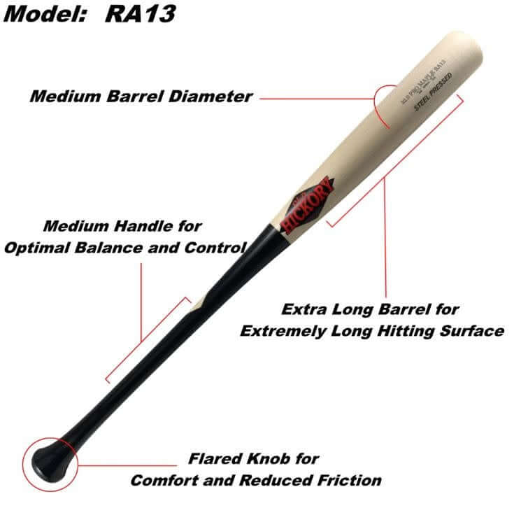 Old Hickory Steel Pressed RA13 bat with black and natural finish, medium barrel, flared knob, and extended sweet spot