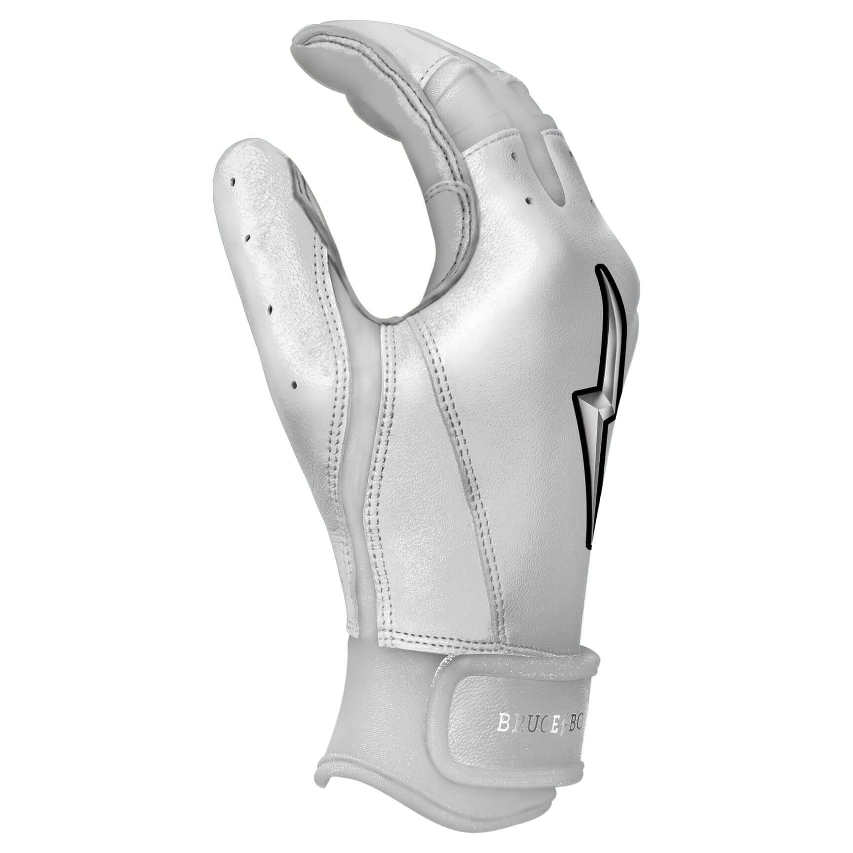 White Bruce Bolt Youth Premium Pro Chrome Short Cuff Batting Gloves.