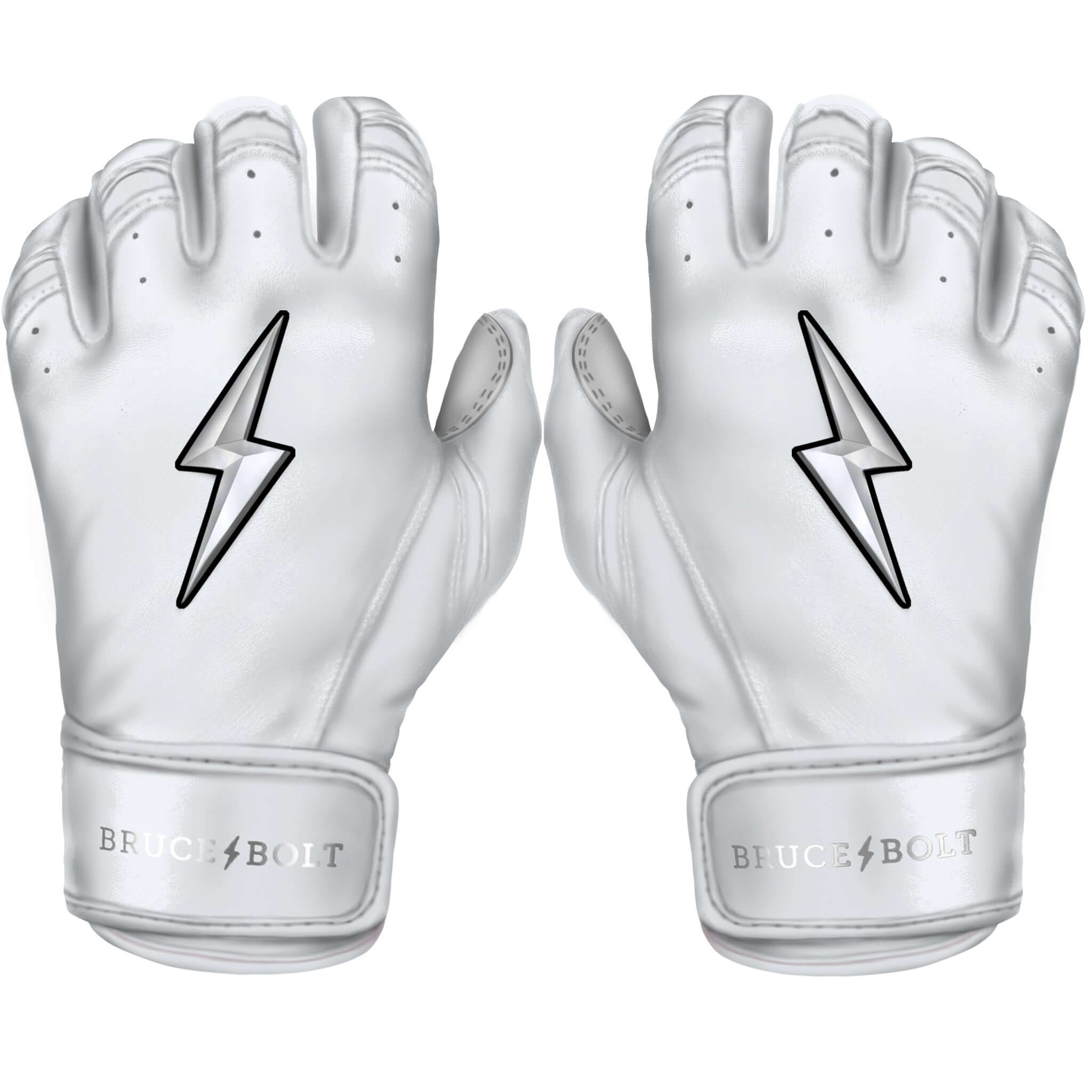 White Bruce Bolt Youth Premium Pro Chrome Short Cuff Batting Gloves.