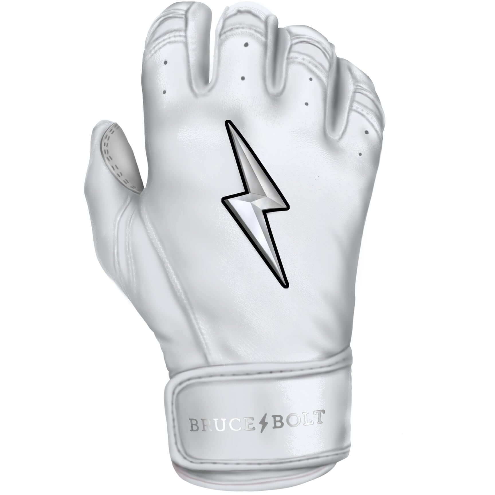 White Bruce Bolt Youth Premium Pro Chrome Short Cuff Batting Gloves.