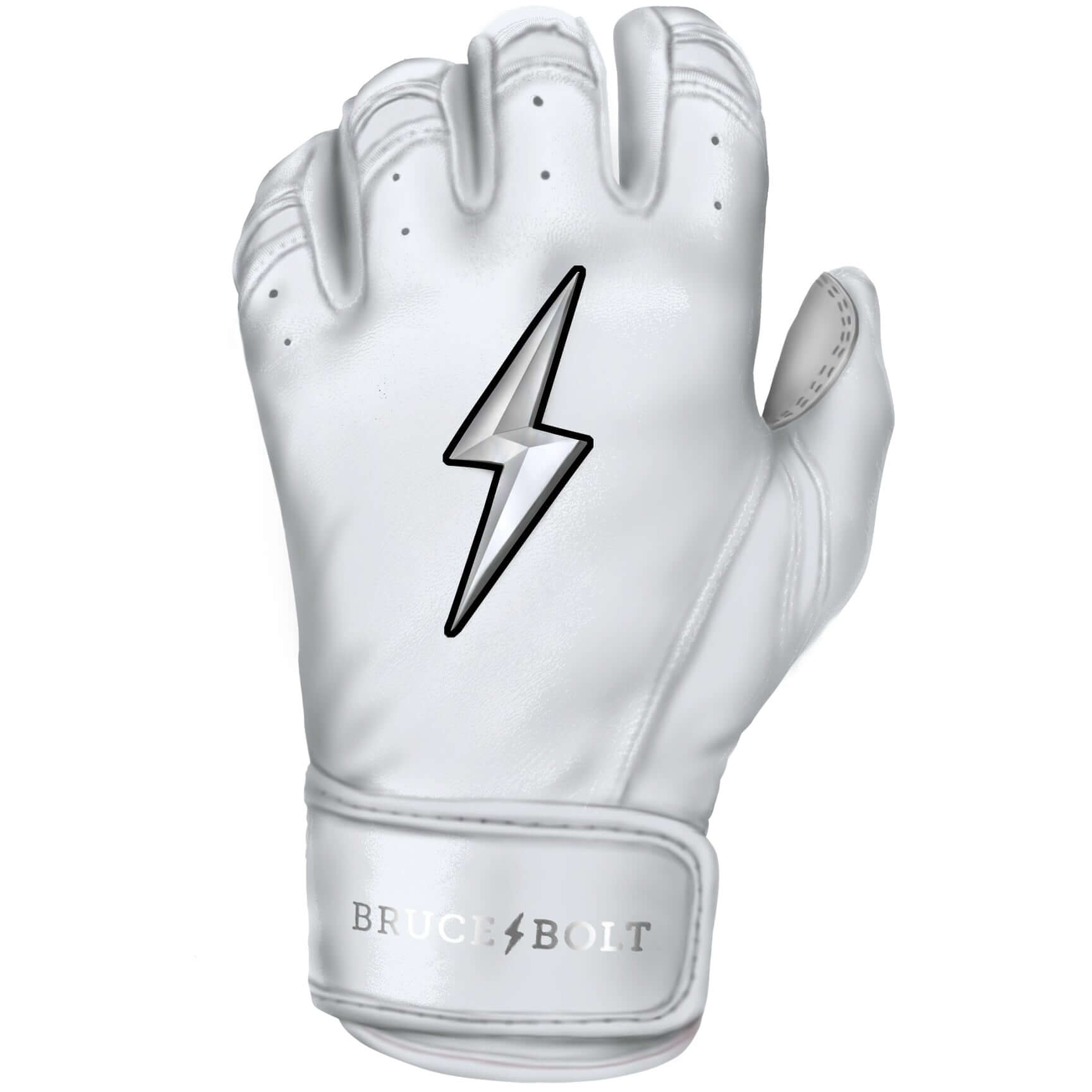 White Bruce Bolt Youth Premium Pro Chrome Short Cuff Batting Gloves.