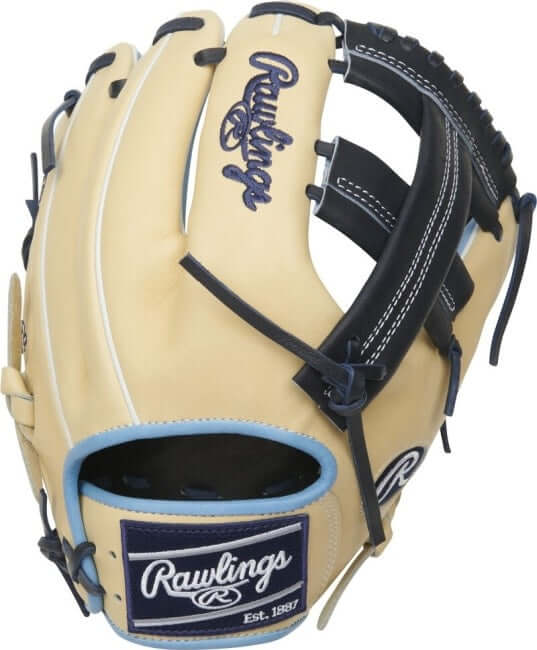 Rawlings Heart of the Hide 11.5-inch infield glove in camel, navy, and Columbia blue.