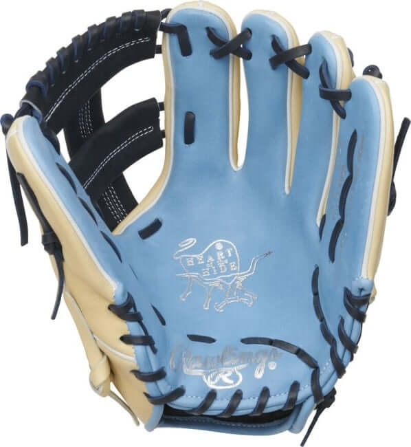 Rawlings Heart of the Hide 11.5-inch infield glove in camel, navy, and Columbia blue.