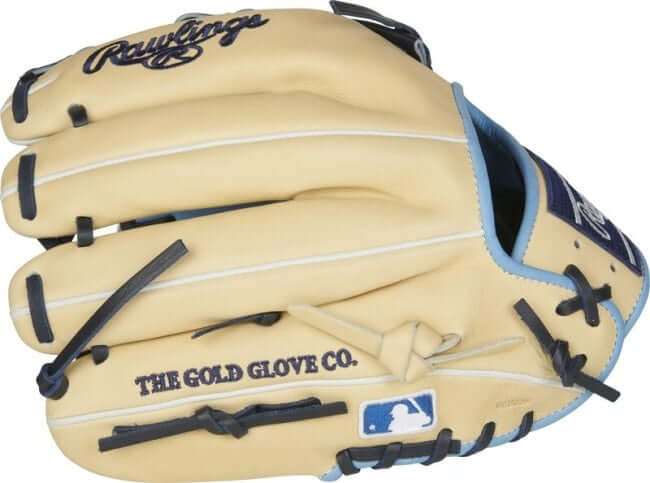 Rawlings Heart of the Hide 11.5-inch infield glove in camel, navy, and Columbia blue.