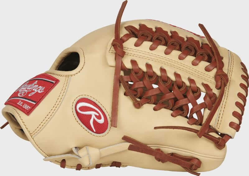 Rawlings Heart of the Hide 11.75 glove, camel color, brown laces, left-hand throw, conventional back, adult fit.