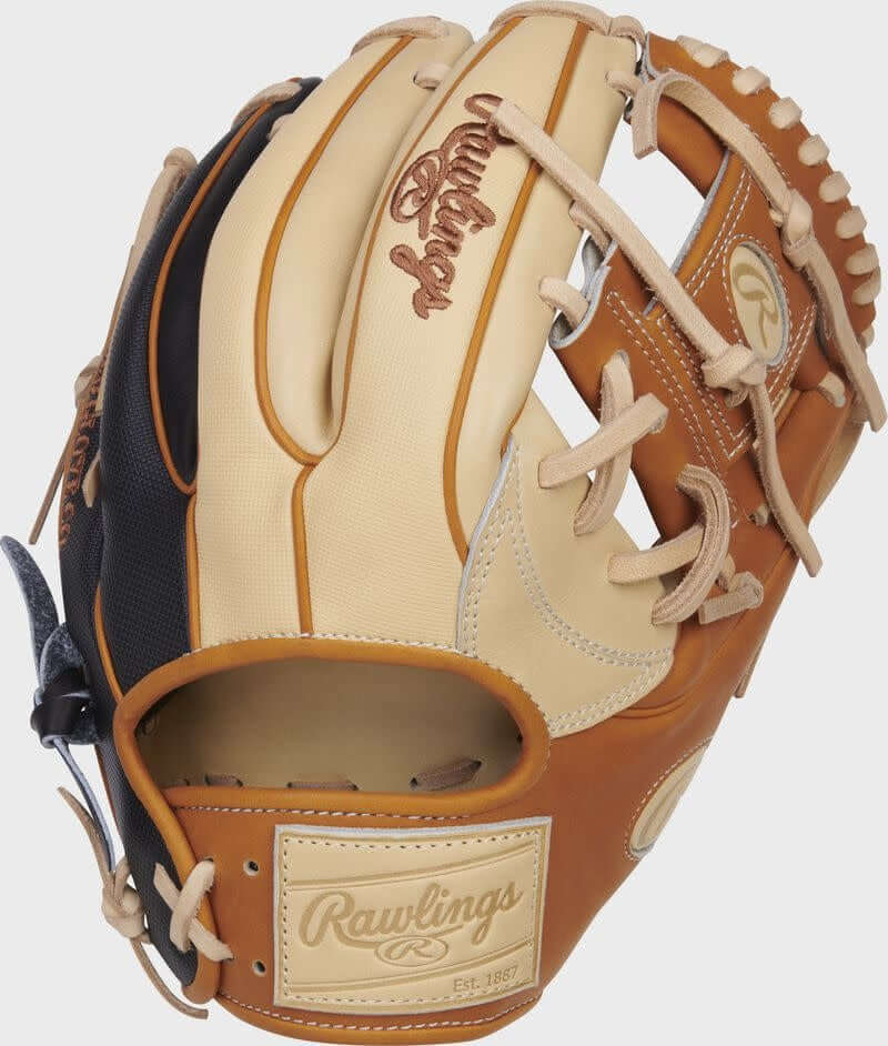 Rawlings Heart of The Hide Hybrid Pro Label 6 Infield Glove, 93-pattern, black and camel Speed Shell, numbered for collectors.