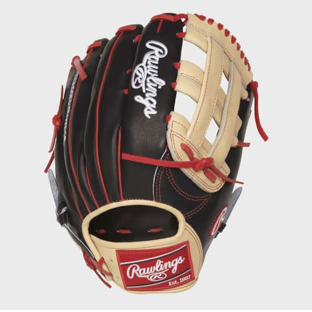 Rawlings Heart of the Hide Bryce Harper Series 13 Pro H Web glove, black, camel, and red, 00-inch, for outfielders