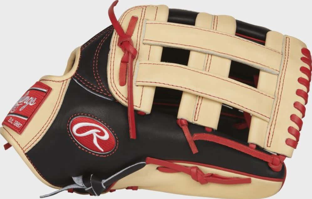 Rawlings Heart of the Hide Bryce Harper Series 13 Pro H Web glove, black, camel, and red, 00-inch, for outfielders