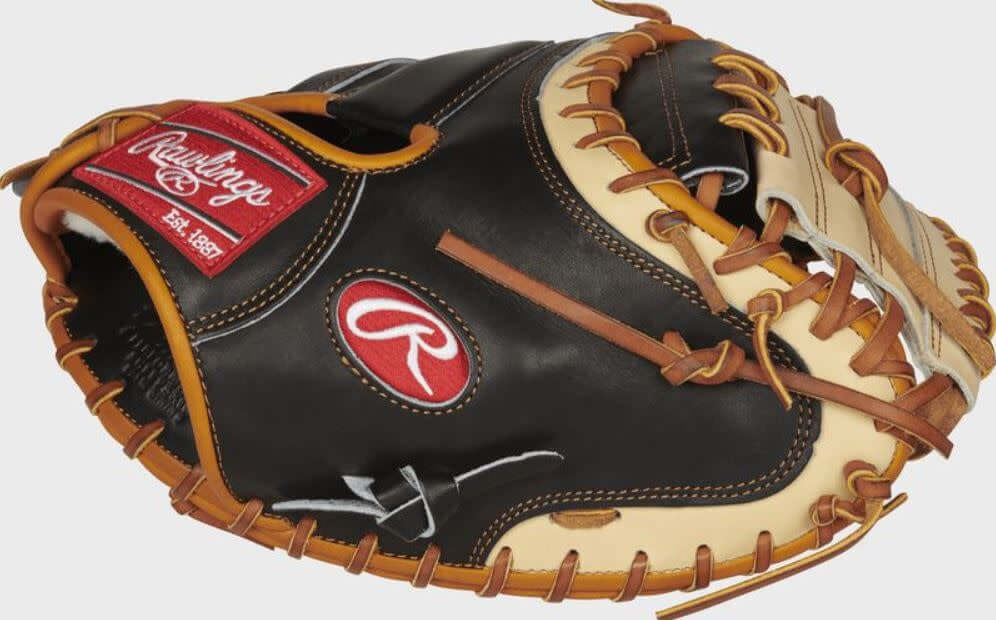 Rawlings Pro Preferred PROSCM33BCT 33-inch catcher's mitt, black and camel color, made from Kip leather.
