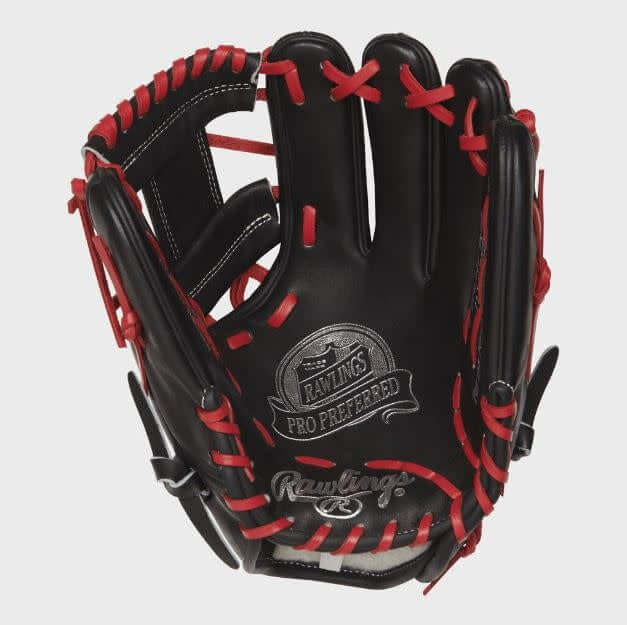 Rawlings Pro Preferred 11.75 Pro I Web Lindor Model, designed for infielders, black and red, full-grain kip leather glove.