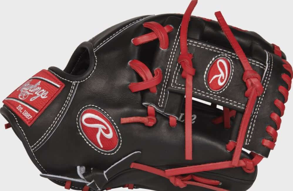 Rawlings Pro Preferred 11.75 Pro I Web Lindor Model, designed for infielders, black and red, full-grain kip leather glove.