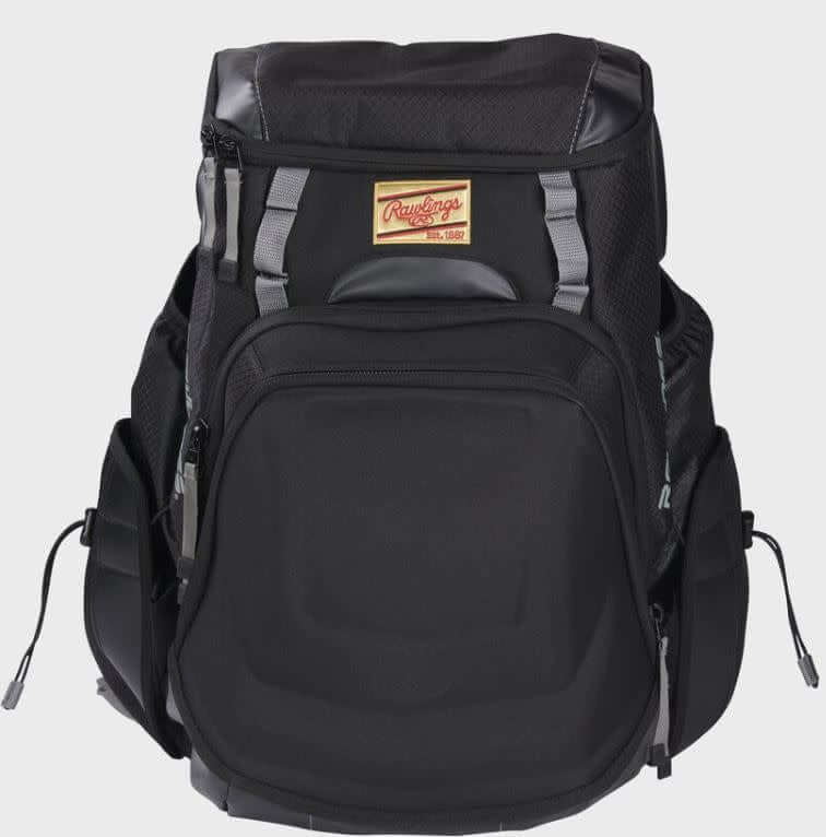 Rawlings Gold Glove Series Backpack with customizable top valet tray and side pockets for shoe storage.
