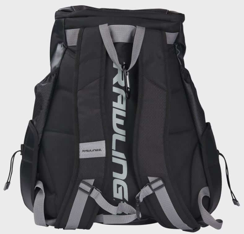 Rawlings Gold Glove Series Backpack with customizable top valet tray and side pockets for shoe storage.