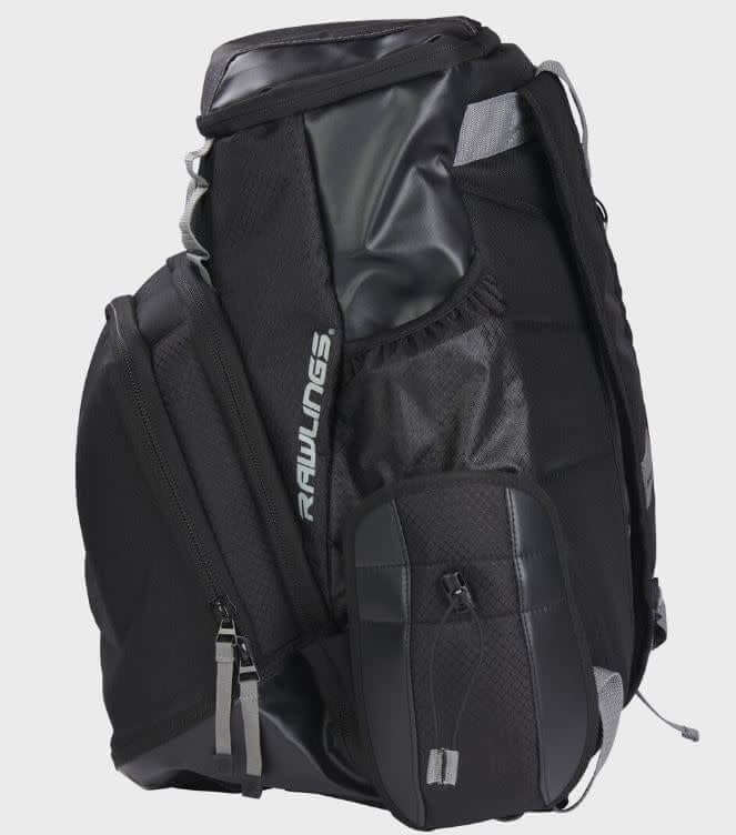 Rawlings Gold Glove Series Backpack with customizable top valet tray and side pockets for shoe storage.