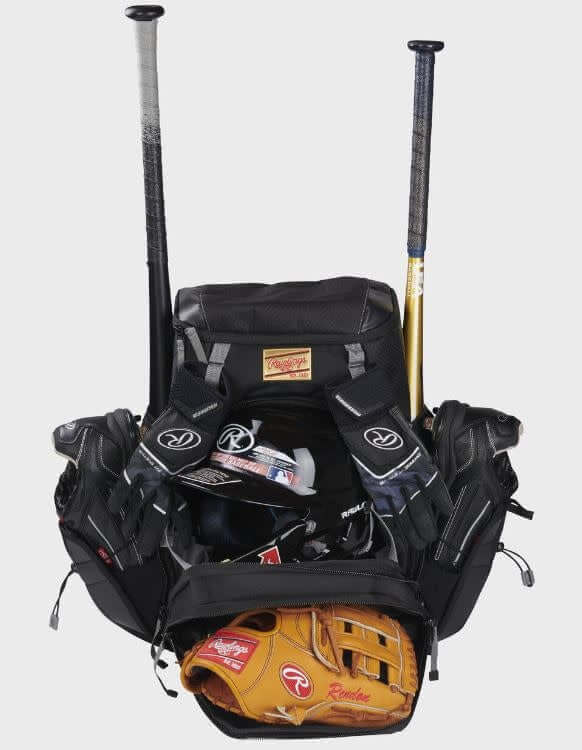 Rawlings Gold Glove Series Backpack with customizable top valet tray and side pockets for shoe storage.