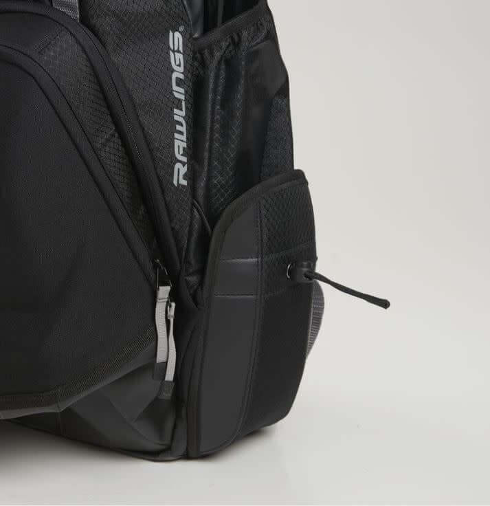 Rawlings Gold Glove Series Backpack with customizable top valet tray and side pockets for shoe storage.