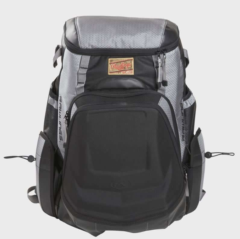 Rawlings Gold Glove Series Backpack with customizable top valet tray and side pockets for shoe storage.