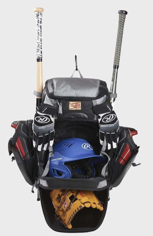 Rawlings Gold Glove Series Backpack with customizable top valet tray and side pockets for shoe storage.