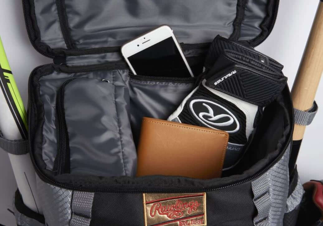 Rawlings Gold Glove Series Backpack with customizable top valet tray and side pockets for shoe storage.