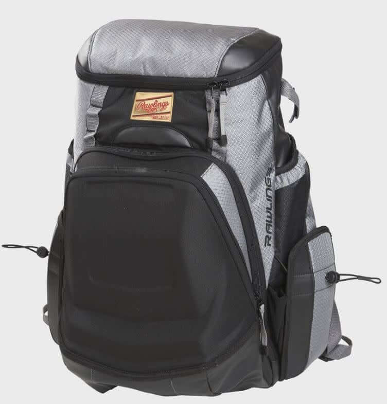 Rawlings Gold Glove Series Backpack with customizable top valet tray and side pockets for shoe storage.