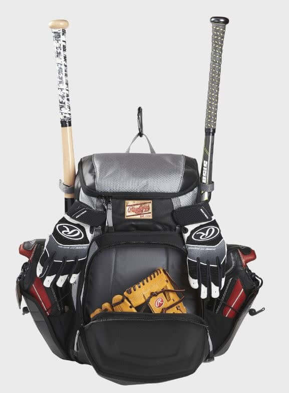 Rawlings Gold Glove Series Backpack with customizable top valet tray and side pockets for shoe storage.