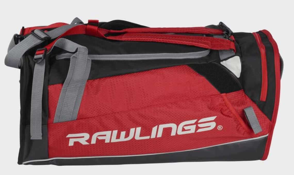 Rawlings R601 Backpack Scarlet Hybrid players bag in red, can be used as backpack or duffel, holds 2 bats, ventilated shoe pocket.