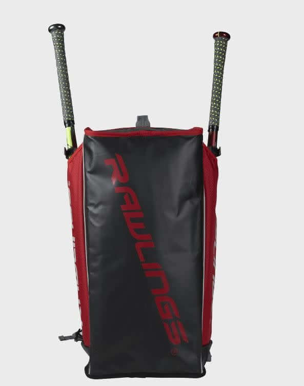 Rawlings R601 Backpack Scarlet Hybrid players bag in red, can be used as backpack or duffel, holds 2 bats, ventilated shoe pocket.