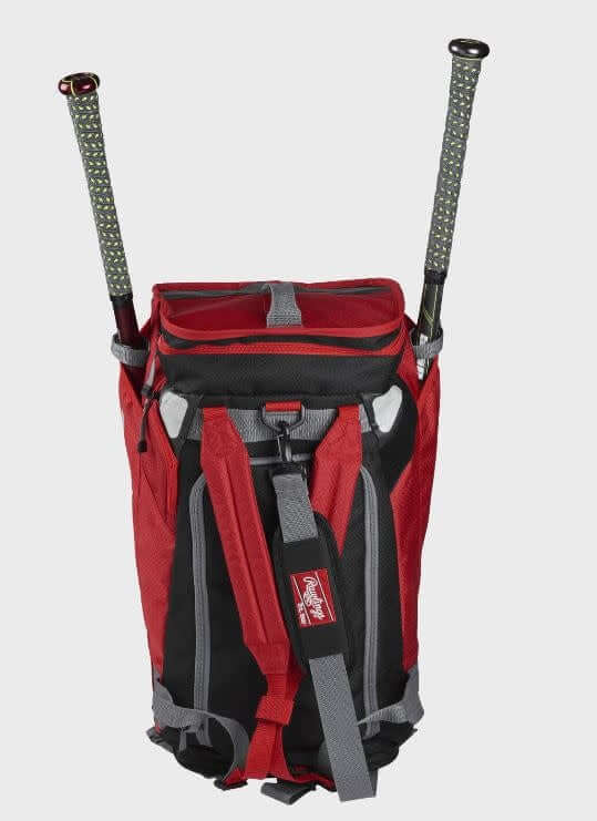 Rawlings R601 Backpack Scarlet Hybrid players bag in red, can be used as backpack or duffel, holds 2 bats, ventilated shoe pocket.