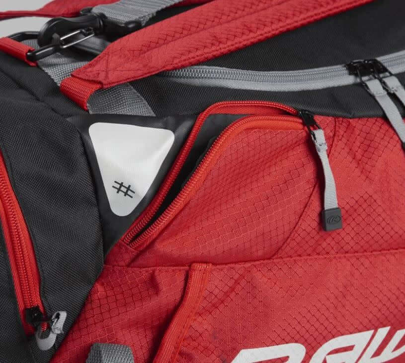 Rawlings R601 Backpack Scarlet Hybrid players bag in red, can be used as backpack or duffel, holds 2 bats, ventilated shoe pocket.