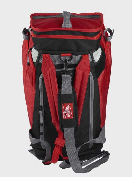 Rawlings R601 Backpack Scarlet Hybrid players bag in red, can be used as backpack or duffel, holds 2 bats, ventilated shoe pocket.