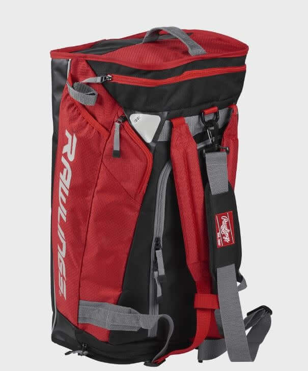 Rawlings R601 Backpack Scarlet Hybrid players bag in red, can be used as backpack or duffel, holds 2 bats, ventilated shoe pocket.