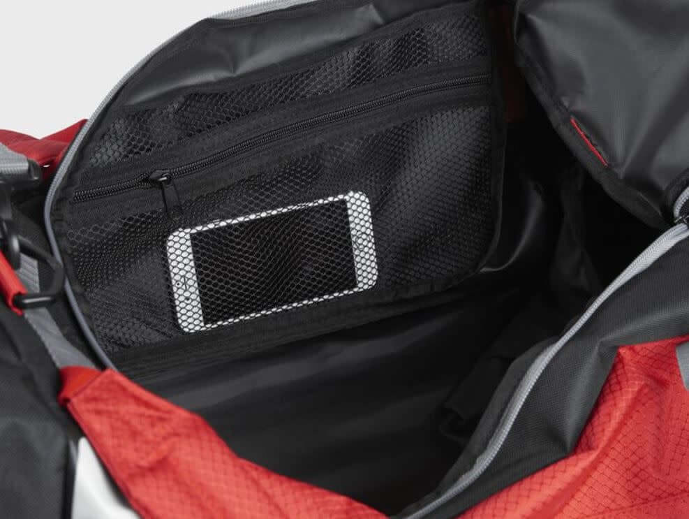 Rawlings R601 Backpack Scarlet Hybrid players bag in red, can be used as backpack or duffel, holds 2 bats, ventilated shoe pocket.