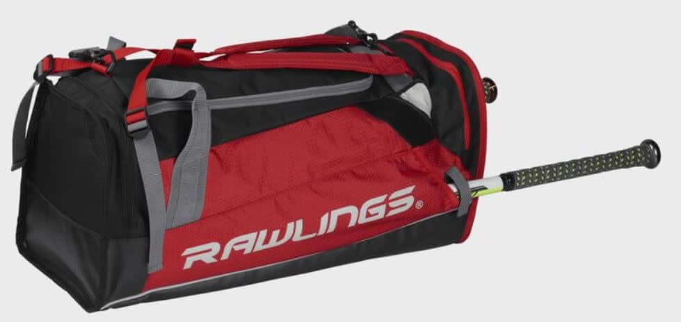 Rawlings R601 Backpack Scarlet Hybrid players bag in red, can be used as backpack or duffel, holds 2 bats, ventilated shoe pocket.