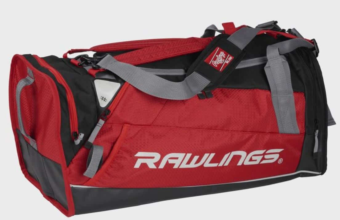 Rawlings R601 Backpack Scarlet Hybrid players bag in red, can be used as backpack or duffel, holds 2 bats, ventilated shoe pocket.