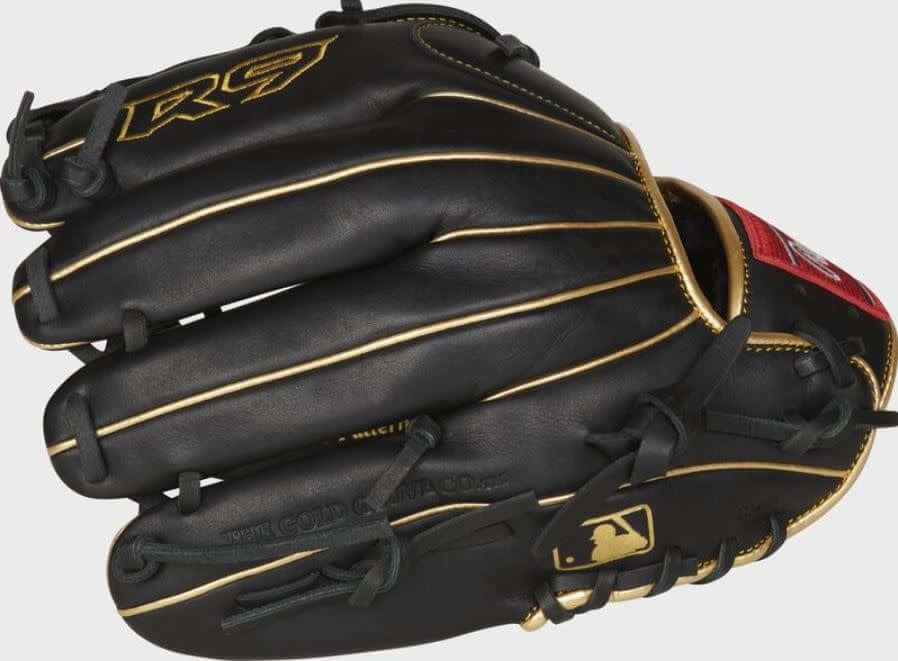 Rawlings R9 Pitcher Glove 12-inch LHT, soft durable leather, black with gold accents