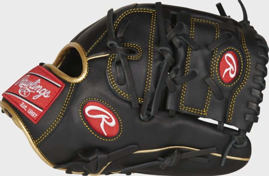 Rawlings R9 Pitcher Glove 12-inch LHT, soft durable leather, black with gold accents