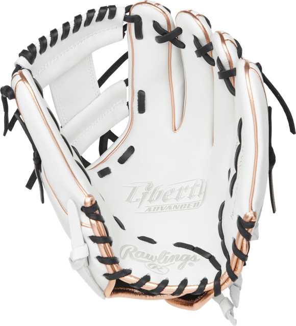 White/Black/Rose Gold Rawlings Liberty Advanced Fastpitch Infield Glove 11 3/4