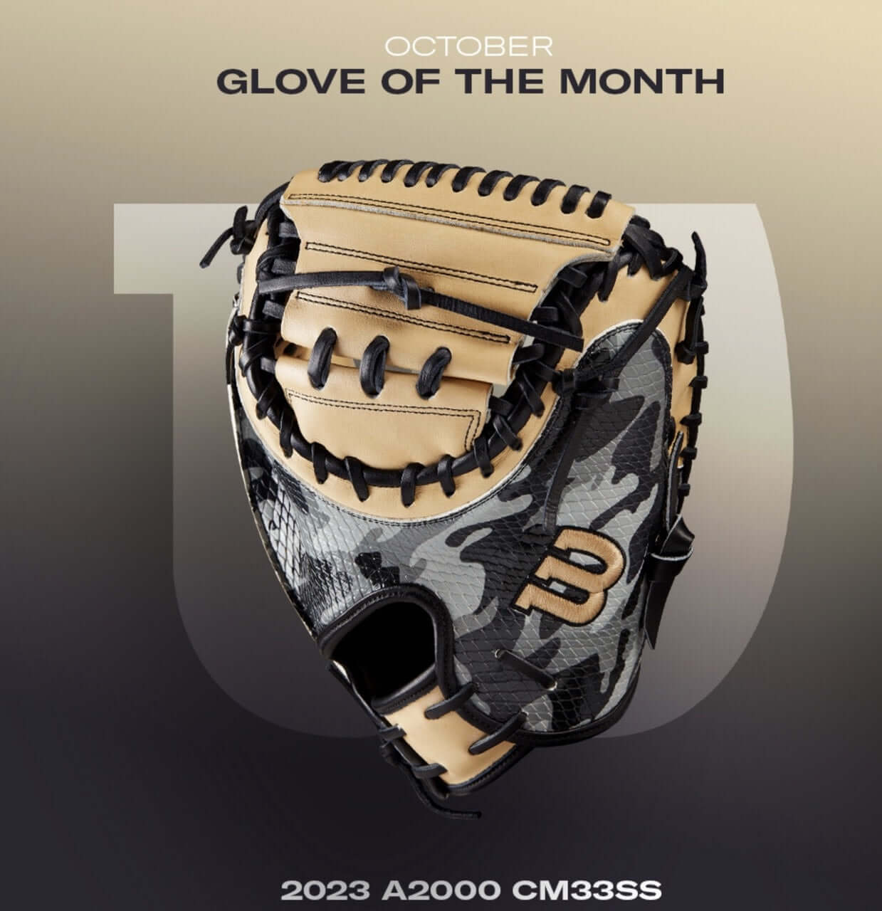 Wilson A2000 GOTM October 2022 CM33 Black Camo/Blonde 33 RHT Catchers Mitt with deep pocket and Half-Moon Web.