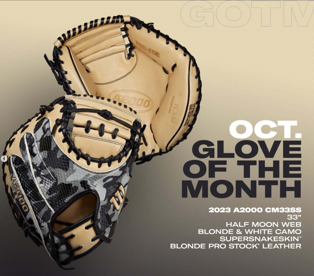 Wilson A2000 GOTM October 2022 CM33 Black Camo/Blonde 33 RHT Catchers Mitt with deep pocket and Half-Moon Web.