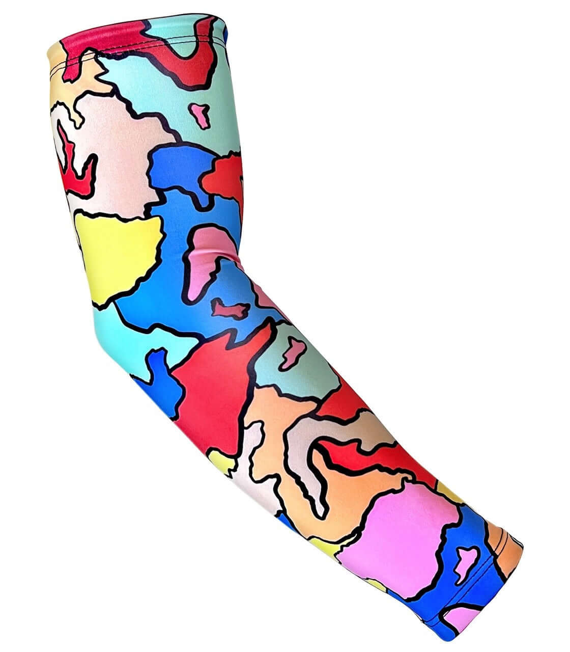 Colorful arm sleeve with abstract patterns in bright colors, designed for comfort and style.