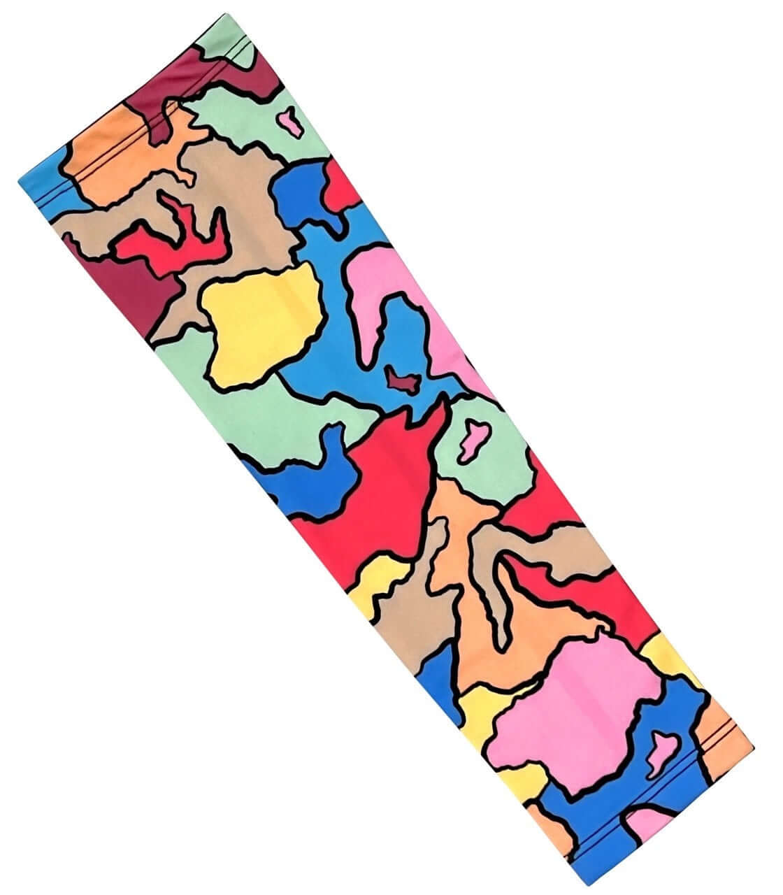 Colorful arm sleeve with abstract design in red, blue, yellow, and green, perfect for activewear and style.