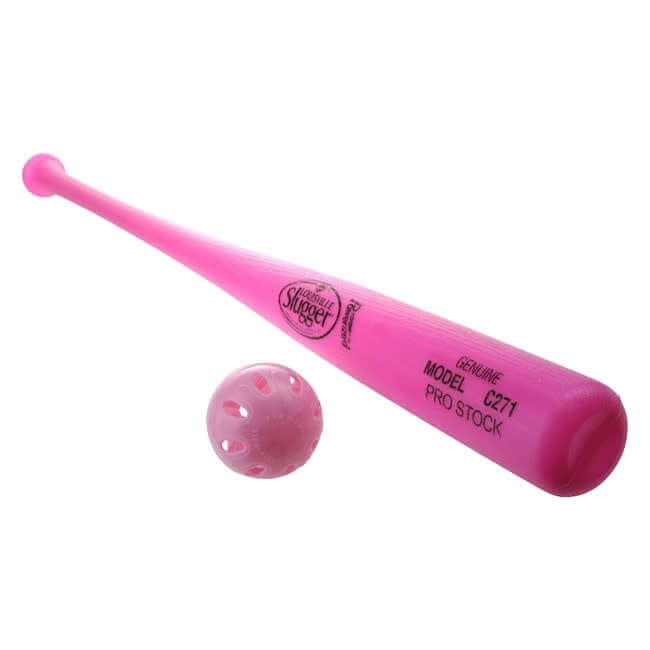 Pink Louisville Slugger C271 plastic bat with authentic wood grain look, 34 regulation size.