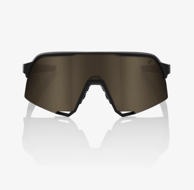 Black and gold shield sunglasses with enhanced peripheral view and protection.