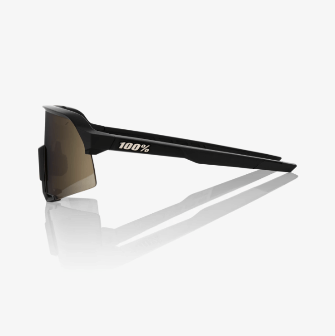 Black and gold shield sunglasses with enhanced peripheral view and protection.