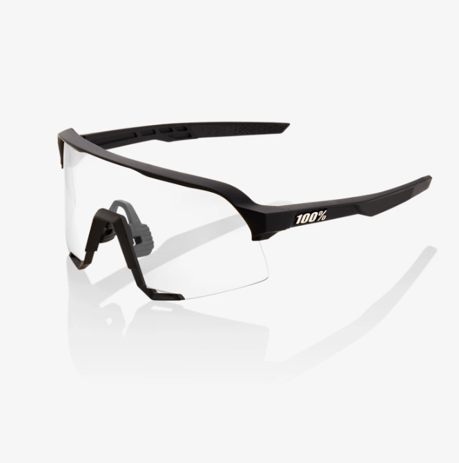 Black and gold shield sunglasses with enhanced peripheral view and protection.