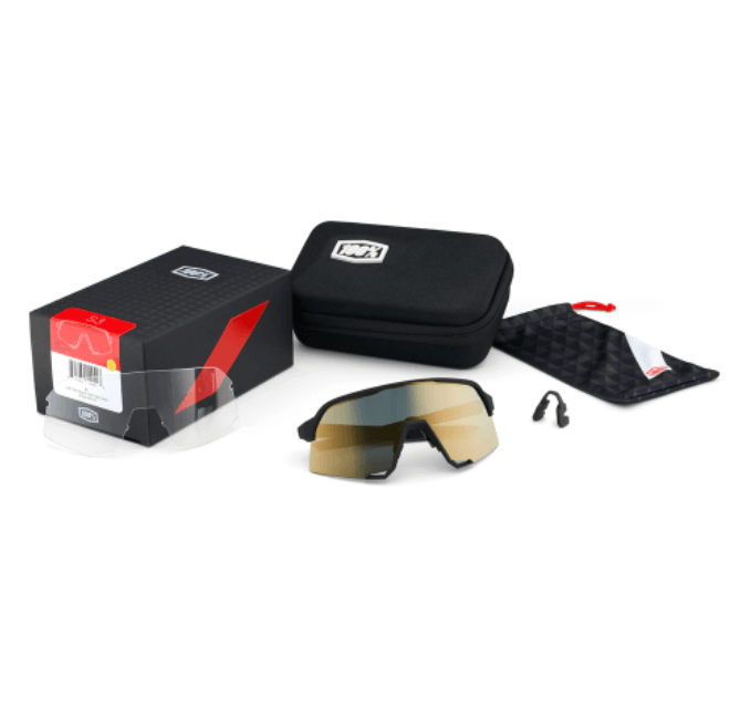 Black and gold shield sunglasses with enhanced peripheral view and protection.