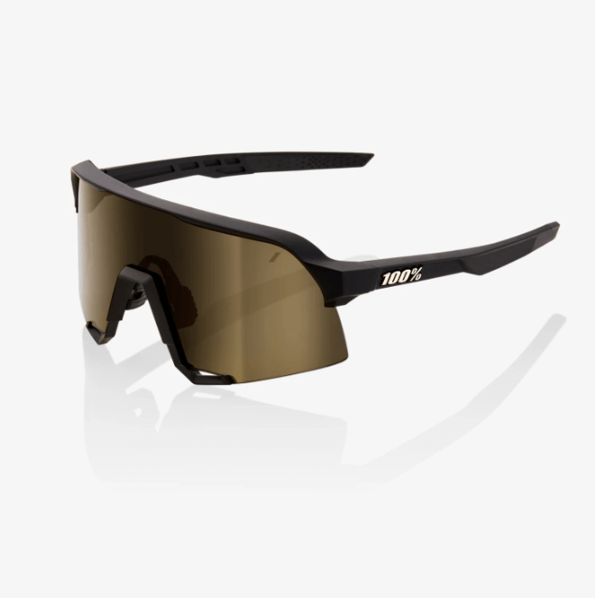 Black and gold shield sunglasses with enhanced peripheral view and protection.