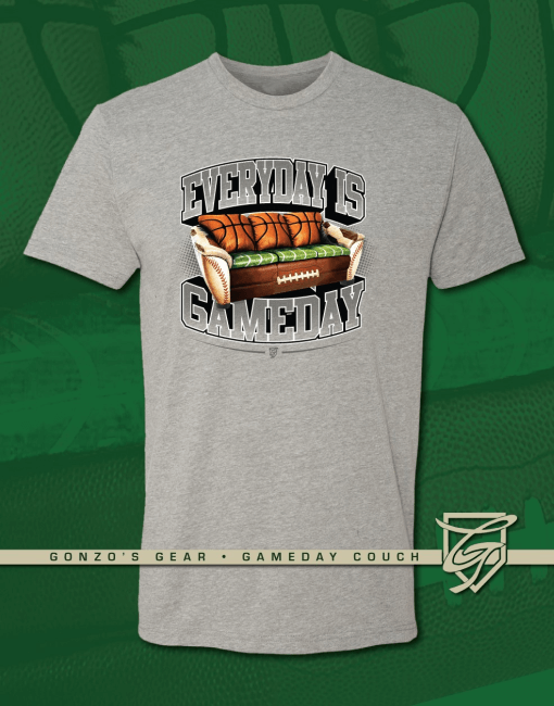 Gonza Gear Gameday Couch T-Shirt in Heather Grey, available in sizes Small to 3XL.