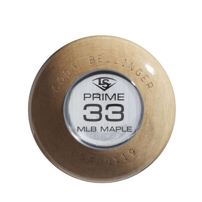 LS Prime Bellinger Maple CB35 baseball bat with natural finish and black decals.